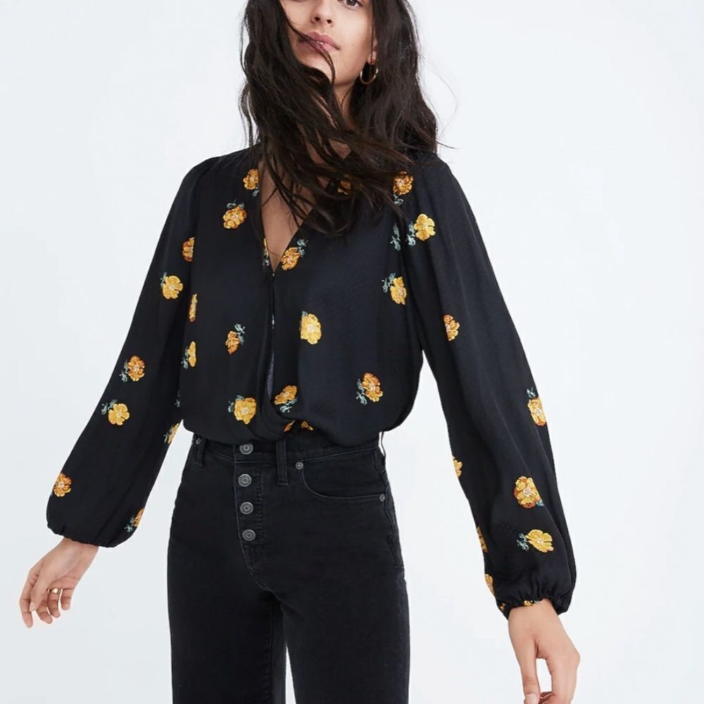 Madewell Floral Bubble-Sleeve Wrap Top XXS